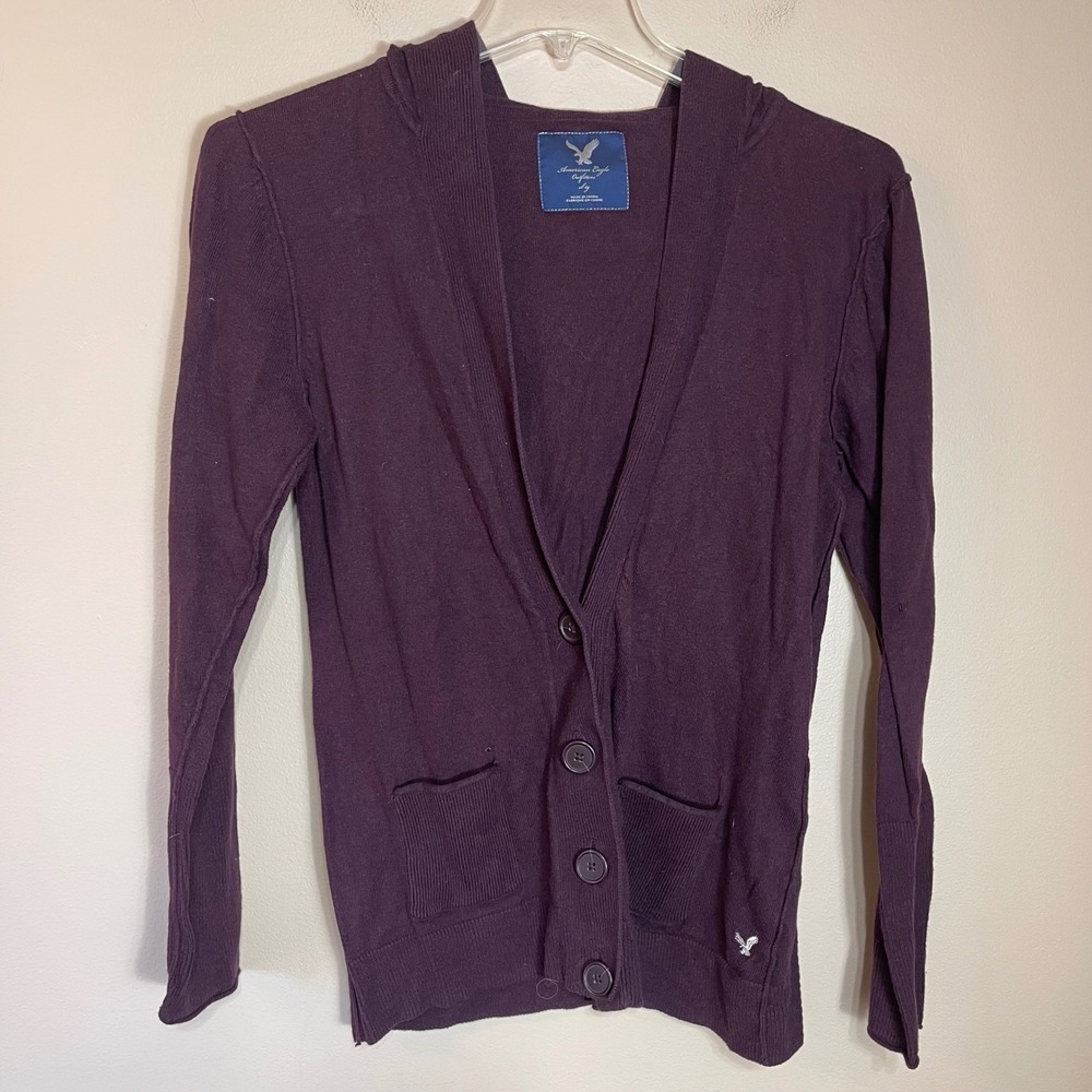 American Eagle Women XL Plum‎ Purple Hooded Button Front Cardigan Cotton Angora